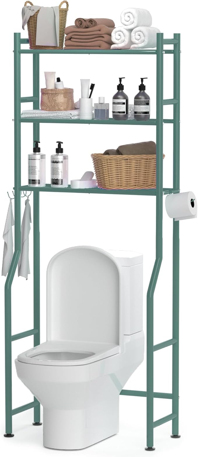 3 Tier Over The Toilet Storage Rack with 2 Basket, Metal Freestanding Bathroom Shelves Toilet with Paper Holder and 4 Hooks, Over Toilet Storage Shelf for Bathroom Storage, Green