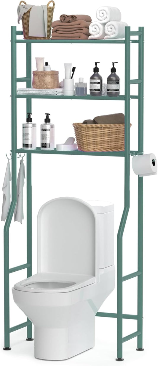 3 Tier Over The Toilet Storage Rack with 2 Basket, Metal Freestanding Bathroom Shelves Toilet with Paper Holder and 4 Hooks, Over Toilet Storage Shelf for Bathroom Storage, Green