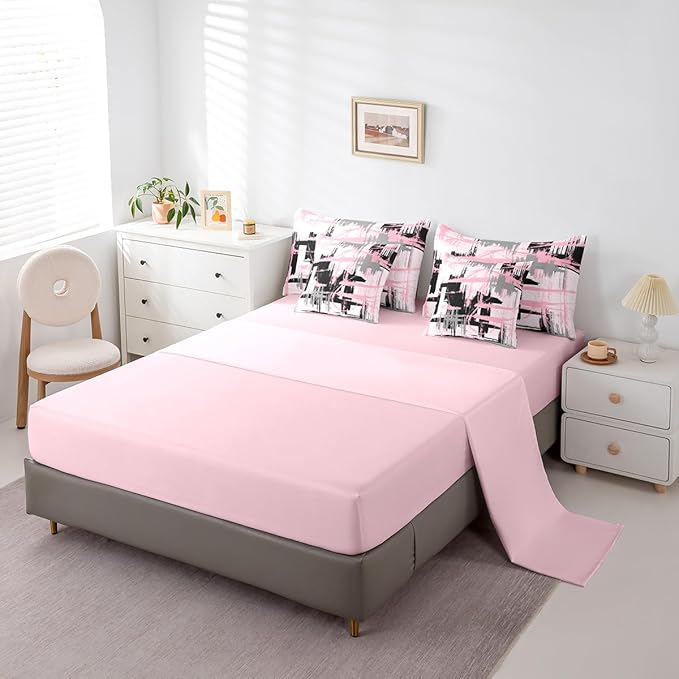 Pink Grey Black Comforter Set Full Size Kids Abstract Art Comforter for Boys Modern Striped Art 7 Pieces Bedding Set Geometric Duvet Set Room Decor Quilt Set