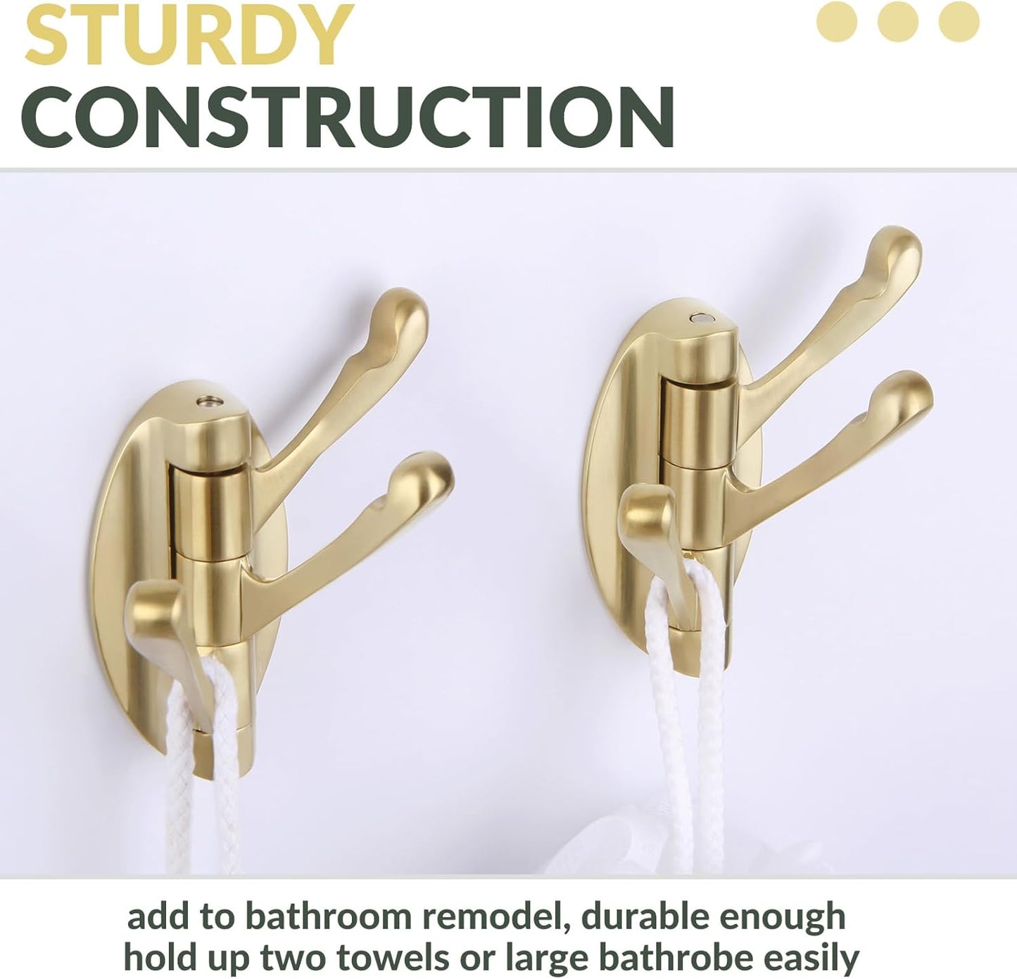 APLusee Swivel Robe Towel Hook 2 PCS Brushed Gold, Metal 3 Arms Folding Clothes Hook, Flexible Bathroom Home RV Storage Holder, Wall Mounted