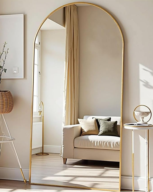 TinyTimes 78''x38'' Oversized Full Length Mirrors, Arched Floor Mirror with Stand, Full Body Large Standing Mirror/Leaning/Hanging Wall Mounted for Living Room, Bedroom, Gold