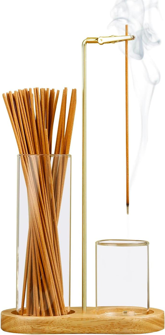 2 in 1 Incense Holder for Sticks, Anti-Ash Flying Incense Burne with Glass Ash Catcher and Incense Sticks Organizer for Meditation Yoga Spa Home Decor (Light Base)