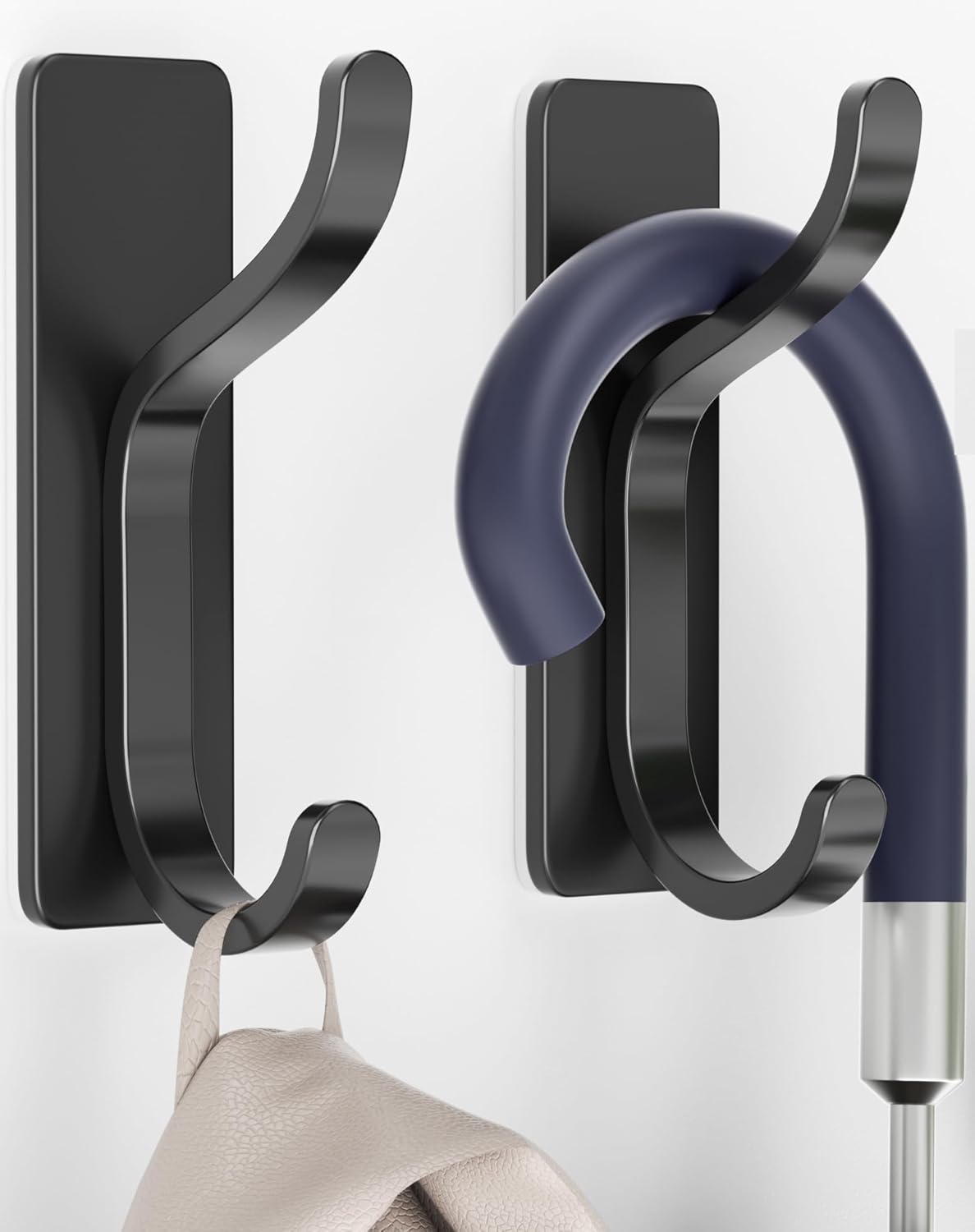 Adhesive Wall Hooks for Hanging: 2-Pack Coat Hooks for Towel, Hat, Purse, Clothes, Keys, Backpack, Stick On Hangers for Door, Kitchen, Dorm, RV, Bathroom, Shower, Hold 13 lb, Stainless, Black