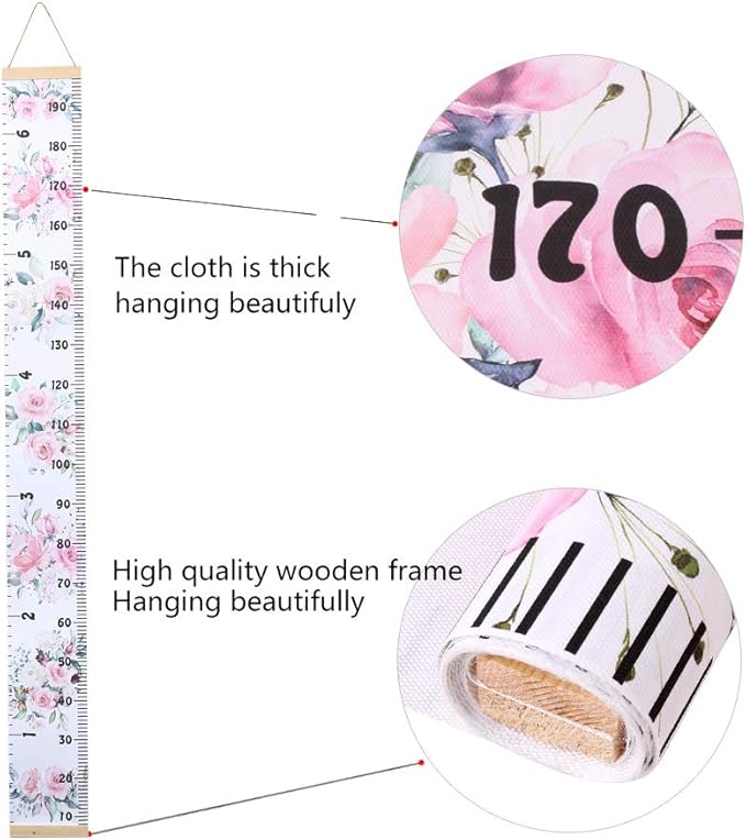 Kids Growth Chart, Wood Frame Fabric Canvas Height Measurement Ruler from Baby to Adult for Child's Room Decoration 7.9 x 79in (7.9 x 79in, Flowers)