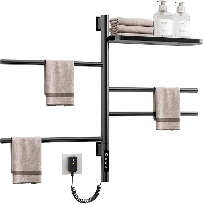 Swivel Heated Towel Rack, Wall Mounted Electric Towel Warmer Rack for Bathroom, 4 Round Bars Swivelable Towel Dryer with Tray, Towel Heater with Built-in Timer, for bathroom, Salons & Spas (G64 Black)