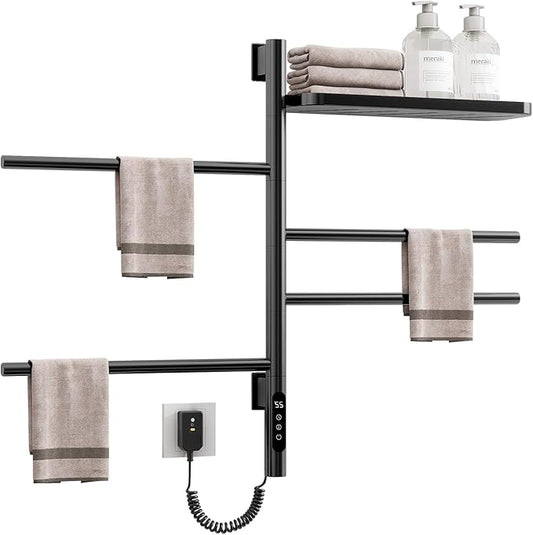 Swivel Heated Towel Rack, Wall Mounted Electric Towel Warmer Rack for Bathroom, 4 Round Bars Swivelable Towel Dryer with Tray, Towel Heater with Built-in Timer, for bathroom, Salons & Spas (G64 Black)