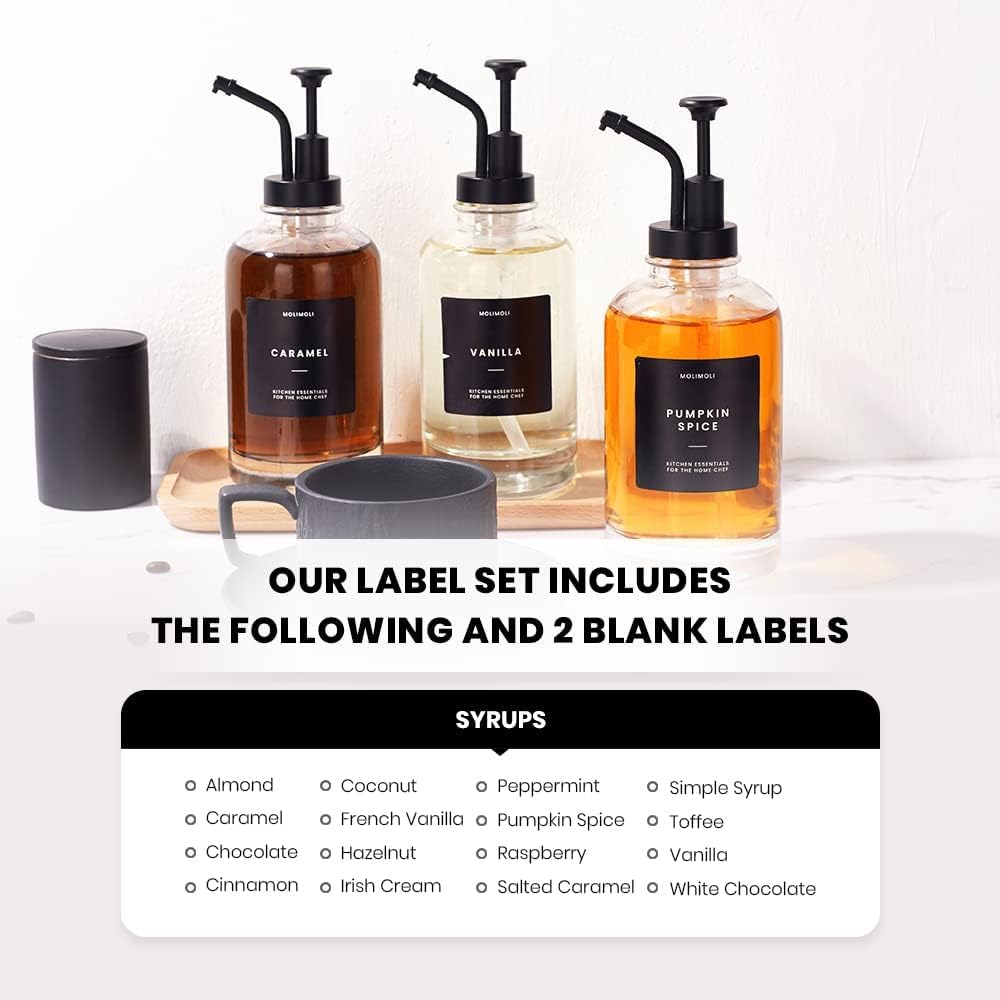 Molimoli Coffee Syrup Dispenser for Coffee Bar, Pump Dispenser, Glass Syrup Bottle w. Upgraded Pump, 16.9 oz 500 ml, Set of 2, Black