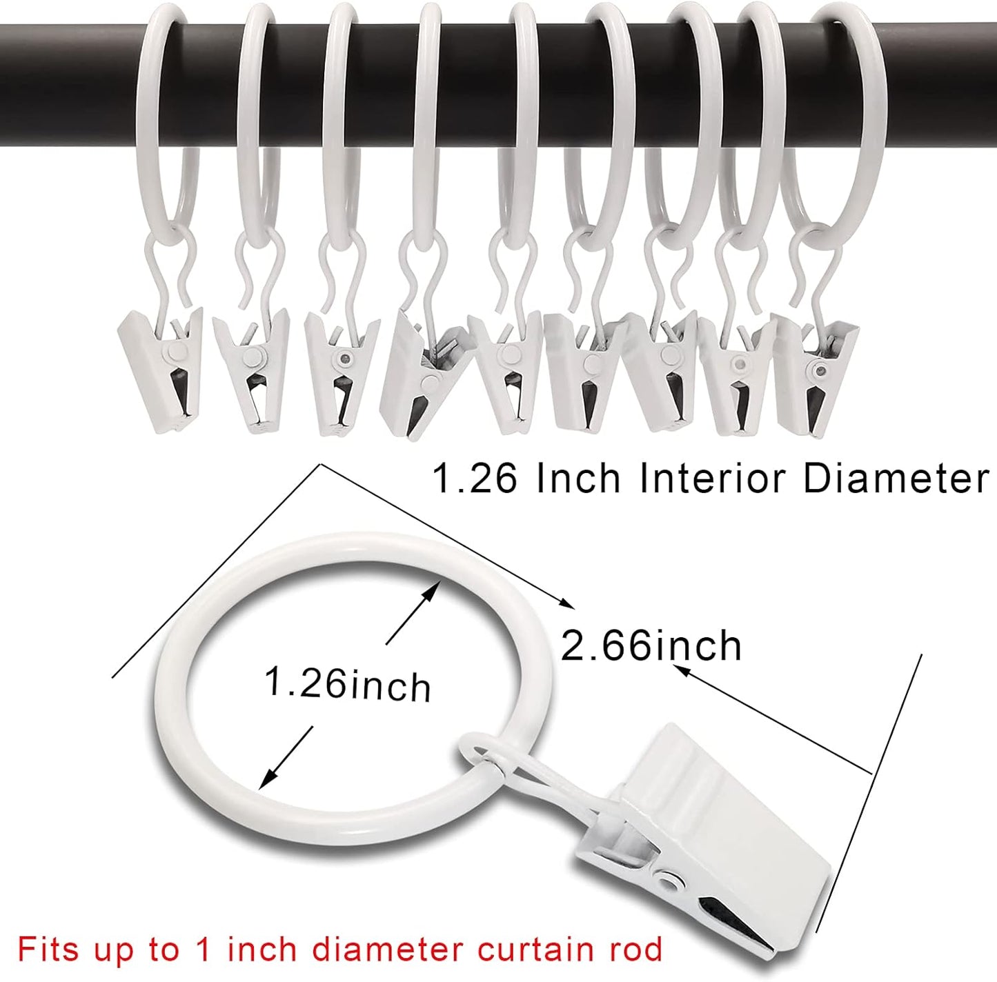 40 Pack Curtain Rings with Clips, Drapery Clips with Rings, Drapes Rings 1.26 in Interior Diameter, Fits up to 1 in Curtain Rod, White
