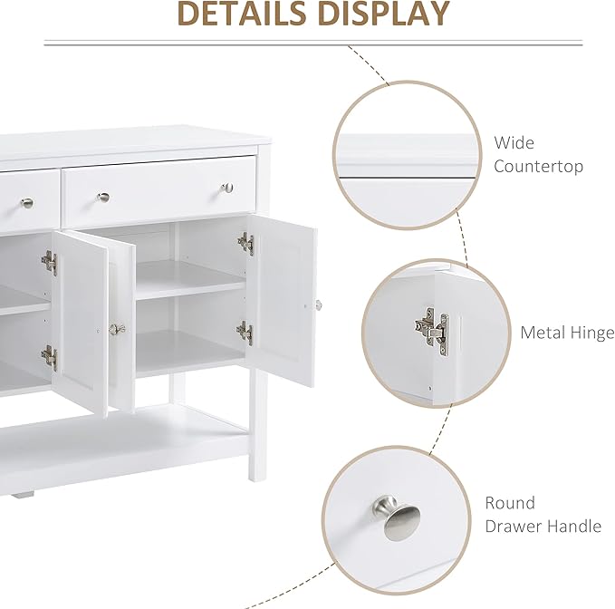 HOMCOM 47" Coffee Bar Cabinet, Sideboard Buffet, Accent Kitchen Cabinet with Adjustable Shelves and Drawers for Living Room, White