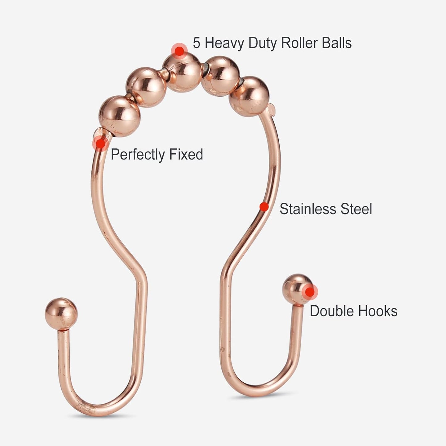 Goowin Shower Curtain Hooks, 12 Pcs Shower Curtain Rings, Stainless Steel Shower Curtain Hooks Rings Rust Proof, Smooth Sliding Anti-Drop Double Shower Hooks for Shower Curtain, Rods (Rose Gold)