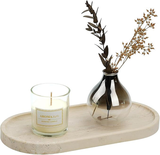 Koville Italian Natural Travertine Vanity Decorative Marble Tray, 12"x6" Light Beige Travertine Wabi Sabi Style Catchall Tray for Perfume, Candles, Jewelry
