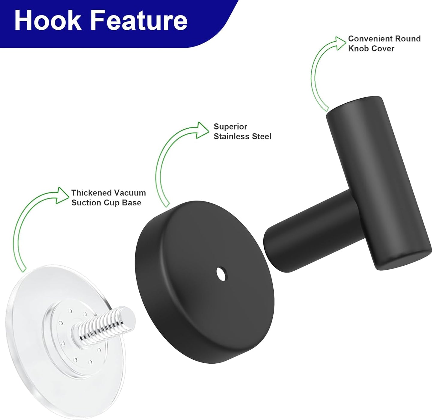 Suction Cup Hooks for Shower, Stainless Steel Towel Hooks for Bathroom Wall, Glass Door, Kitchen, Mirror, Tile, Shower Hooks for Hanging Towels, Robes, Bath Balls (2 Pack，Black)