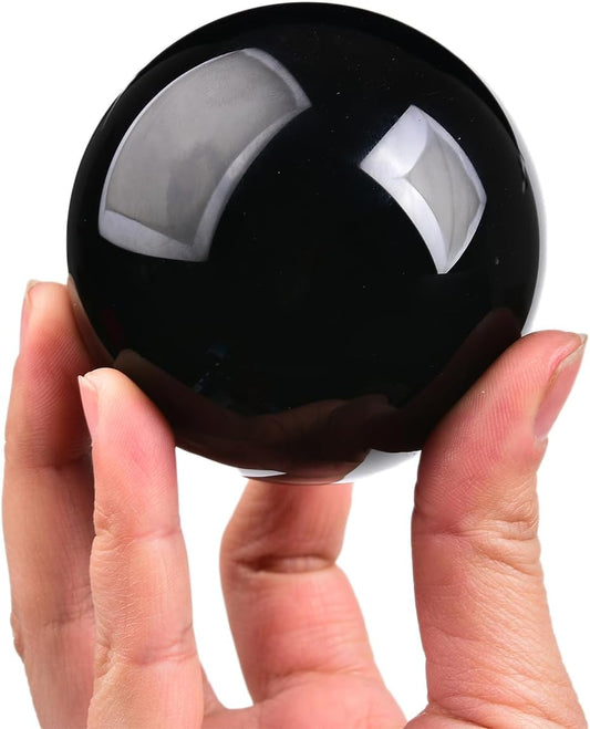 JIC Gem Small Black Obsidian Sphere Crystal Ball with Wooden Stand for Fengshui Healing Meditation Decoration (60-70mm)