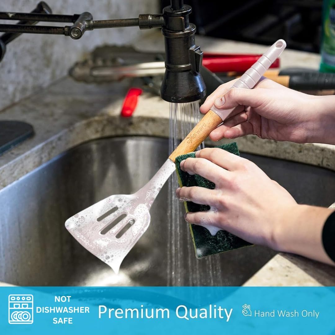 6 Pcs Cookward Silicone Cooking Utensils Set - Natural Wood Kitchen Utensils – Eco Friendly & BPA Free, Non-Scratch & Non-Stick Easy Grip -White