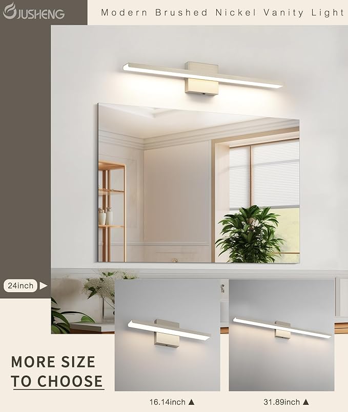 JUSHENG Brushed Nickel Vanity Lights for Bathroom Light Fixtures 5CCT Dimmable Vanity Light Bar LED Bathroom Lighting Over Mirror 24'' Inch 24W ETL Certificated