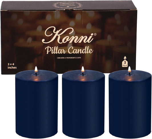 KONNI Navy Blue Pillar Candles Set of 3, 3"x 4" Unscented Pillar Candles Bulk, 39 Hours Long Burning Candles, Smokeless&Dripless Large Round Candle for Wedding, Home Decoration, Parties, Spas, Dinner