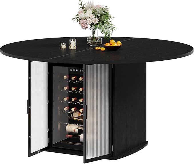 IBF Black Round Dining Table for 4-6, 47 Inch Kitchen Table with Fridge Space, Industrial Dining Room Tables with Storage Shelf, Wood Dinner Tables for Home Kitchen Living Room, Black Oak, Only Table