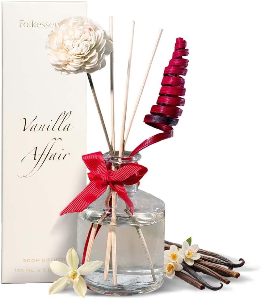 Folkulture Reed Diffusers for Home, 5 oz | Vanilla Scent Diffuser Oil with Sticks for Bathroom Decor Accessories, Living Room, Office, Desk| Natural Essential Oils | Housewarming Gifts | Vanilla