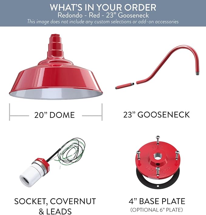 Steel Lighting Co. Redondo Barn Light | Outdoor Wall Mounted | 20 inch Dome | 23 inch Gooseneck | Large Farmhouse Warehouse Light Made in America | Red Exterior/White Interior