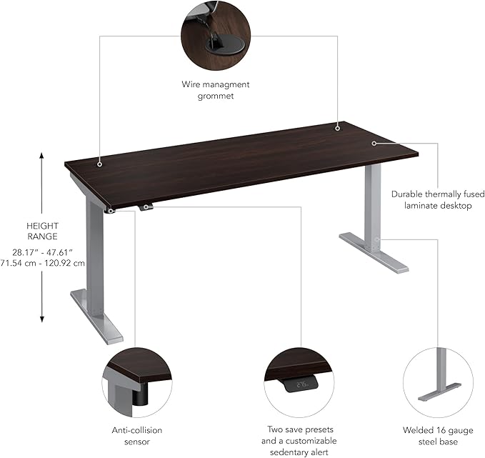 Bush Business Furniture 72-inch Electric Height Adjustable Standing Desk, Ergonomic Sit-Stand Computer Table for Home and Professional Office, Move 40 Series, Black Walnut with Metallic Gray Base