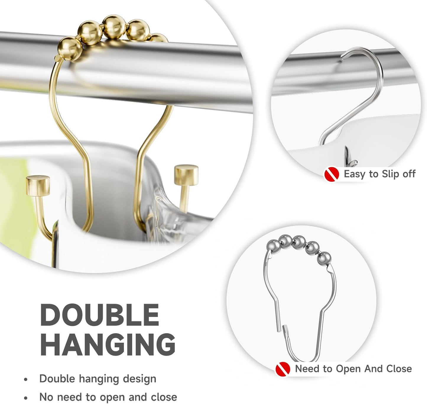 Shower Curtain Hooks, Shower Curtain Rings Rust Proof Double Hook Shower Curtain Hooks with Clindrical Design, 12 Pcs Light Gold Shower Hooks for Shower Curtain, Metal Shower Rod Hooks