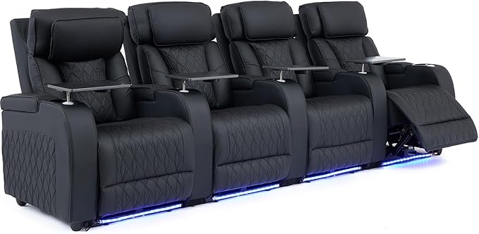 Home Theater Seating Top Grain Leather, Movie Theater Chairs Theater Recliner Sofa with Dual Power Ergonomic Design 7 Colors Ambient Lighting Tray Table Type-C USB Charge (Black, Row of 4)