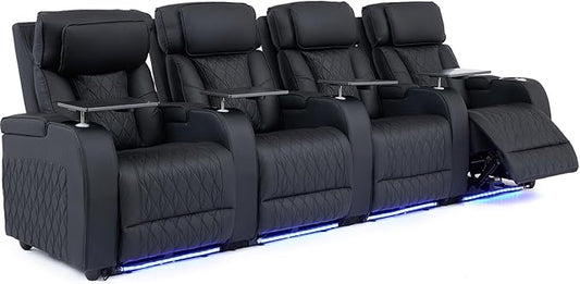 Home Theater Seating Top Grain Leather, Movie Theater Chairs Theater Recliner Sofa with Dual Power Ergonomic Design 7 Colors Ambient Lighting Tray Table Type-C USB Charge (Black, Row of 4)