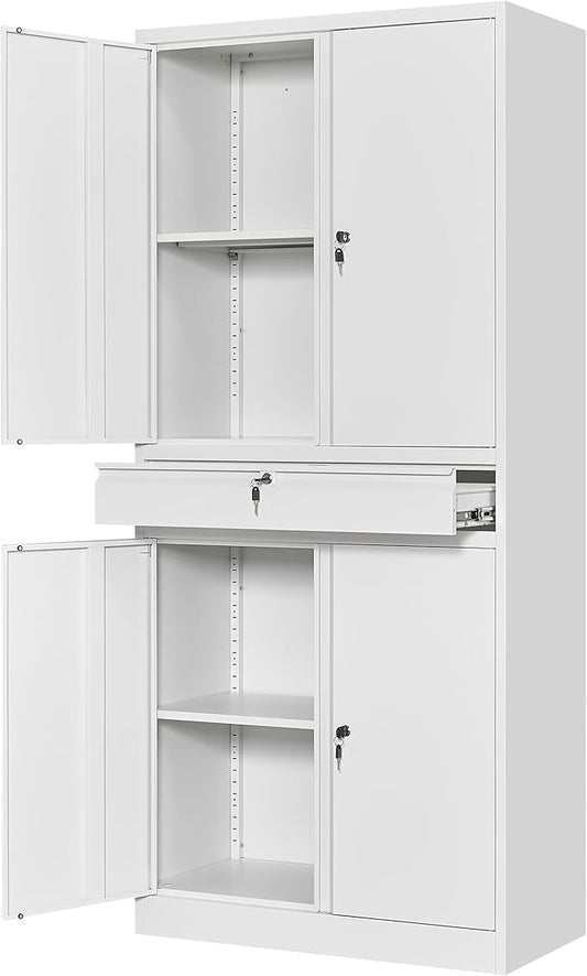 Yizosh Metal Garage Storage Cabinet with Locking Doors and Adjustable Shelves, 71" Tool Storage Cabinet with 1 Drawer for Garage,Office,Warehouse (White)