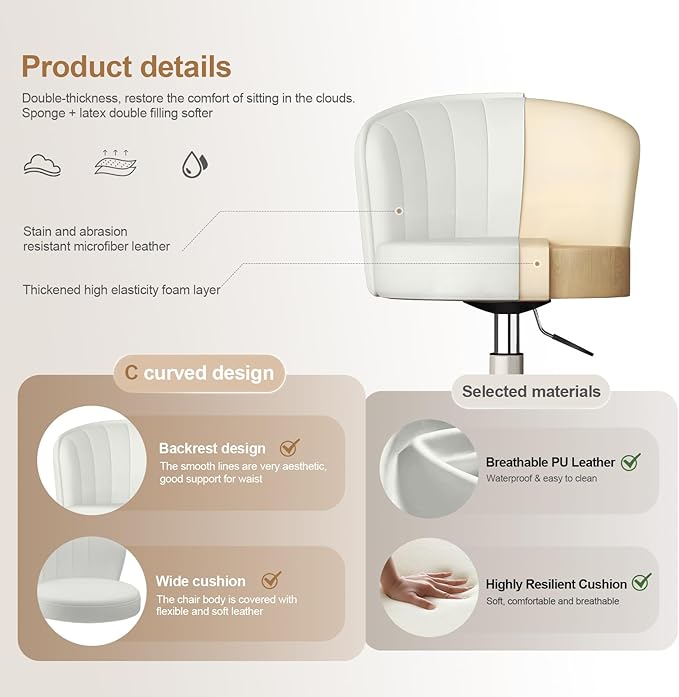 Small Desk Chair Round Rolling Chair with Back PU Leather Height Adjustable Swivel Vanity Work Computer Stool Chair for Home Office Bedroom, Set of 4