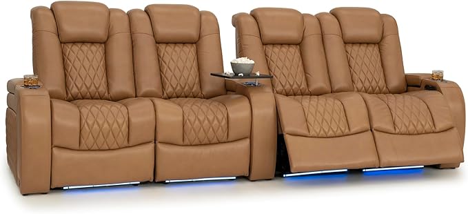Seatcraft Diamante Zero-Gravity CoolZero Italian Leather Home Theater Seating, Power Headrest, Power Recline, Row of 4 Dual Loveseats, Tan Oak