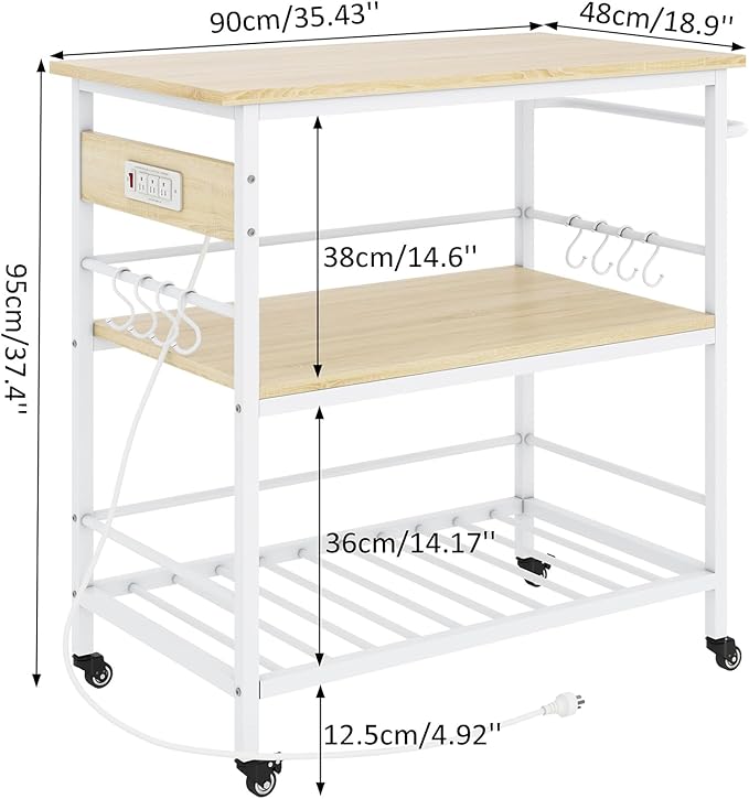 IBUYKE Kitchen Island with 3 Shelves, Island Table for Kitchen with Power Outlet,Kitchen Cart with Large Worktop,Rolling Bar Cart for Home, Outdoor, Kitchen TMJ024R