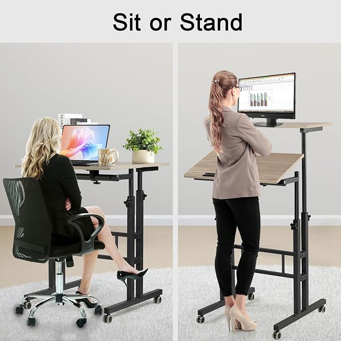 Hadulcet Mobile Standing Desk with Charging Station, Adjustable Standing Computer Desk, Standing Adjustable Laptop Cart with Wheels for Home Office Classroom Light Grey