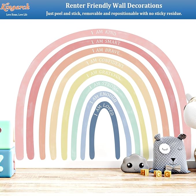 Large Watercolor Rainbow Wall Decals with Inspirational Quote, Colorful Peel and Stick Fabric Nursery Wall Decor, Removable Home Room Wall Murals Stickers for Kids Girls Toddler Bedroom Playroom