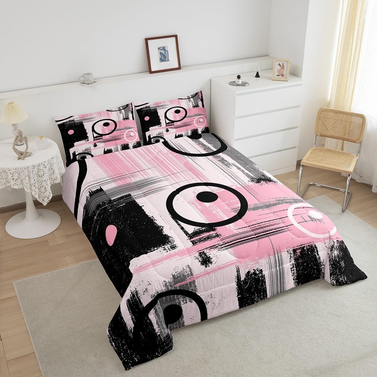 Kids Abstract Art Comforter Set Full Size Geometric Bedding Set for Boys Girls Teens Bedroom Decor Geometry Pink Grey Black Comforter Women Men Modern Duvet Set with 2 Pillow Case