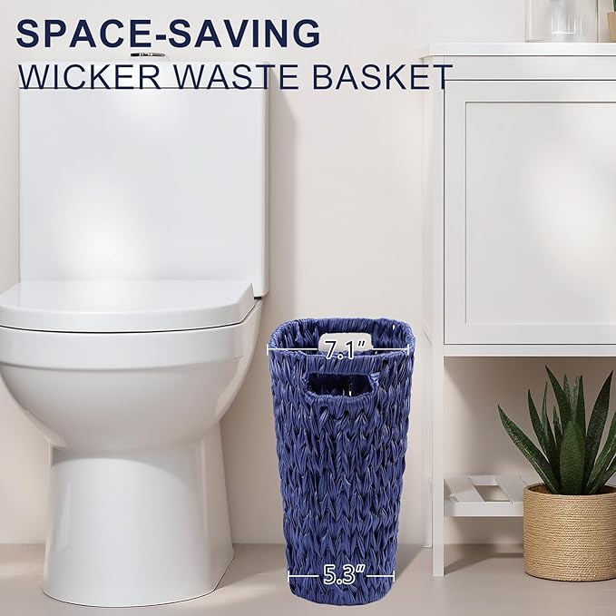 Navy Blue Bathroom Accessories Set with Wicker Trash Can, Navy Blue Bathroom Accessories Set Bathroom Sets Small Waste Basket Bathroom Trash Can for Bedroom Bathroom