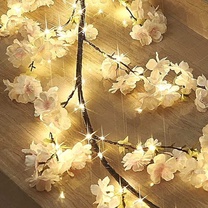 LITBLOOM Cherry Blossom Garland with Lights Battery Operated with Timer 96 Fairy Lights, Lighted Flower Garland 6FT for Mantle Firepalce Wedding Party Decoration Indoor Outdoor