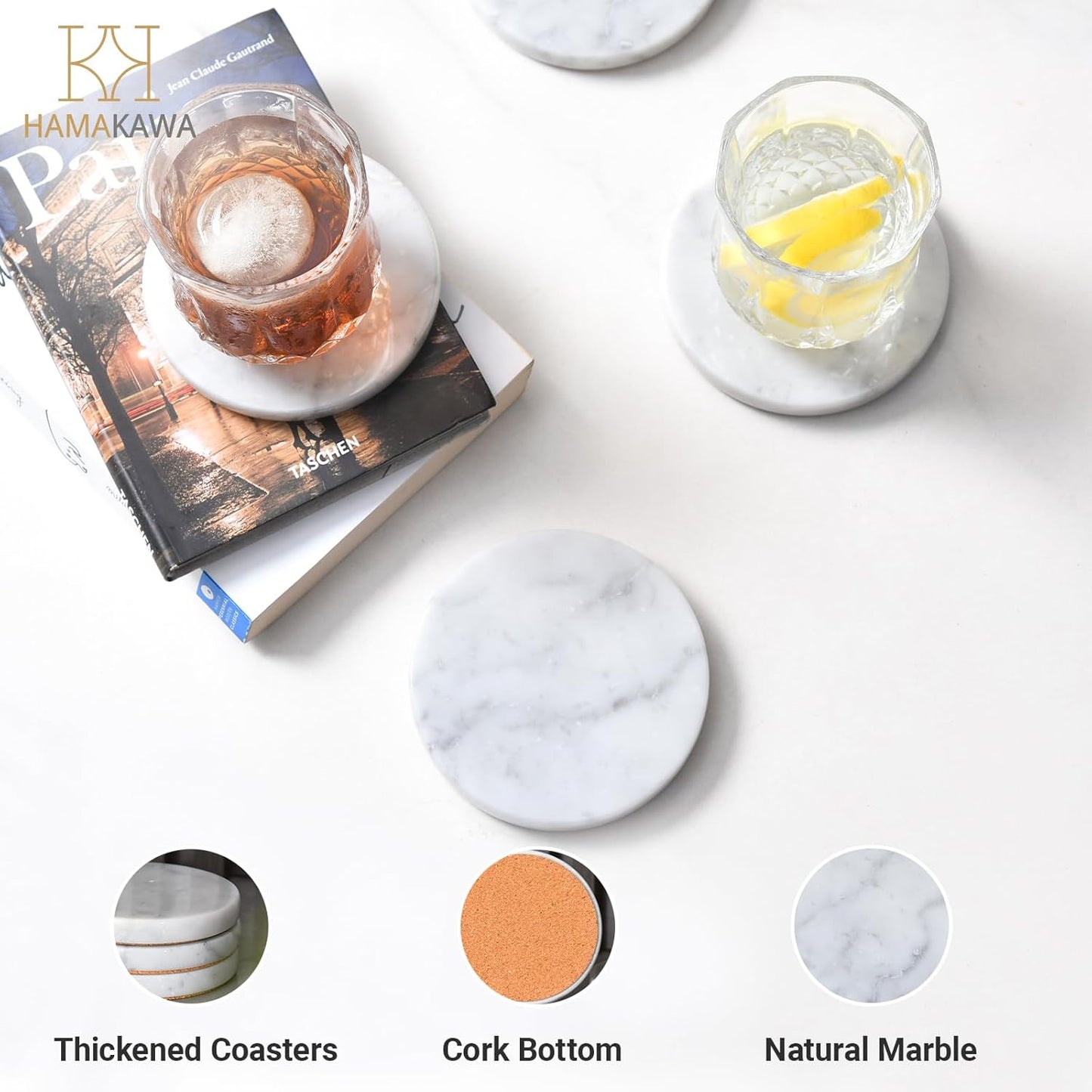 Real Natural Marble Coasters Set of 4, Carrara White Limestone 4 Inch, Modern Round Stone, Trendy Drink Coasters for Coffee Table, Kitchen Decor, Office