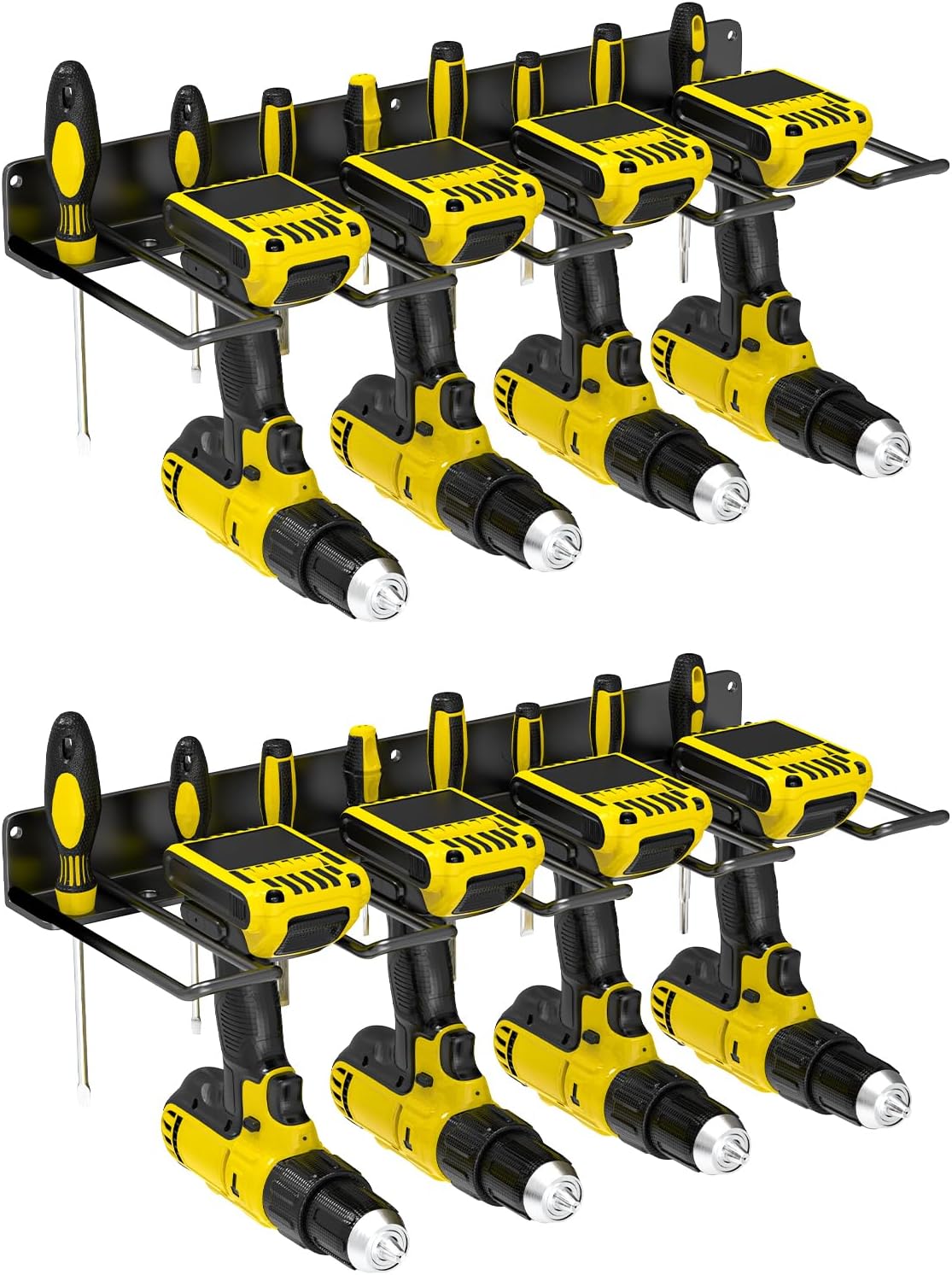 2 Pack Drill Holder Wall Mount, Power Tool Organizer, 4 Cordless Metal Drill Racks with Screwdriver Hole, Heavy Duty Garage Tool Organizer Storage Rack for Workshop Tool Room Basement