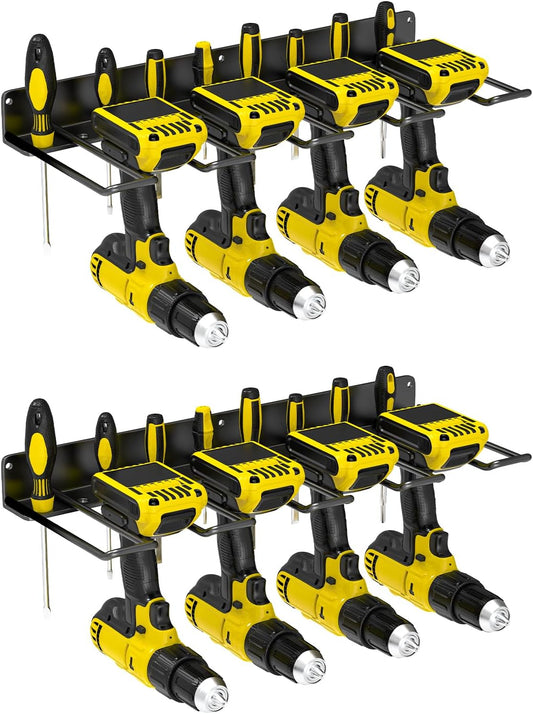 2 Pack Drill Holder Wall Mount, Power Tool Organizer, 4 Cordless Metal Drill Racks with Screwdriver Hole, Heavy Duty Garage Tool Organizer Storage Rack for Workshop Tool Room Basement