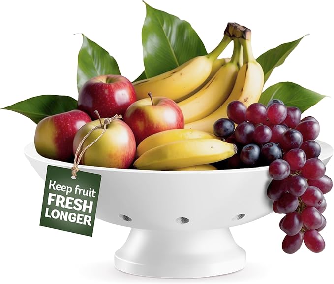Bambüsi White Fruit Bowl - 11" Large Wooden Pedestal Bowl for Kitchen Counter & Dining Table Centerpiece, Premium Modern Bamboo Fruit Basket & Banana Holder for Fresh Produce, Bread & Home Decor