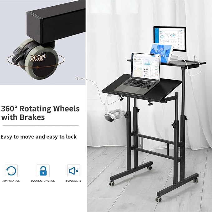 Hadulcet Mobile Standing Desk with Charging Station, Adjustable Standing Computer Desk, Standing Adjustable Laptop Cart with Wheels for Home Office Classroom Black