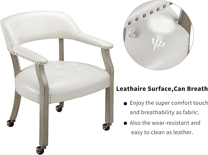 MODERION Dining Chair with Wheels and Arms - Solid Wood Boss Captain's Chair, Office Desk Swivel Accent Chair, Upholstered, 31.5"H for Living Room, White SY1318WT
