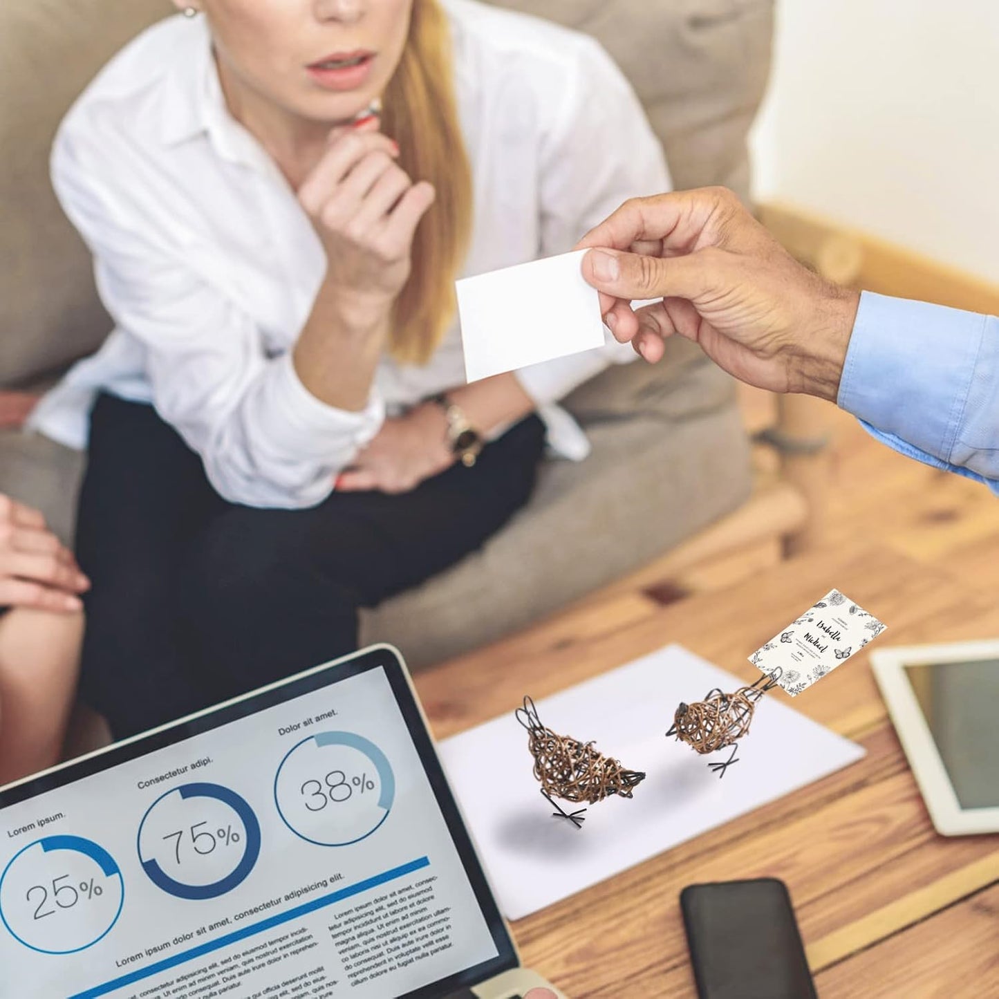 Natural Rattan Bird Sculptures Set of 2 - Handwoven Metal Wire Table Decor, Rustic Farmhouse Accent with Memo Clip & Christmas Ornament (6x5.5x2.3in)