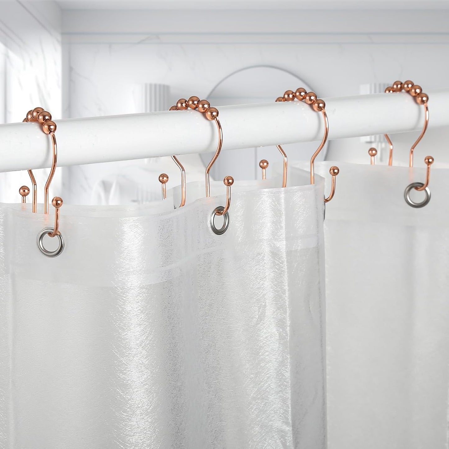 Goowin Shower Curtain Hooks, 12 Pcs Shower Curtain Rings, Stainless Steel Shower Curtain Hooks Rings Rust Proof, Smooth Sliding Anti-Drop Double Shower Hooks for Shower Curtain, Rods (Rose Gold)
