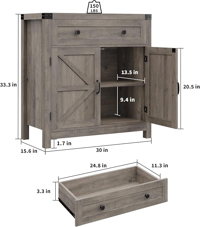 HOSTACK Coffee Bar Cabinet, Kitchen Storage Cabinet, Modern Farmhouse Buffet Sideboard with Drawer and Adjustable Shelf, Barn Door Accent Cabinets for Kitchen, Dining Room, Entryway, Ash Grey