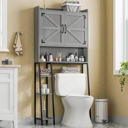 Over The Toilet Storage Cabinet, Farmhouse Storage Cabinet Over Toilet with Barn Doors & Toilet Paper Holder Stand，Home Space-Saving Toilet Rack, for Restroom/Laundry and Bathroom
