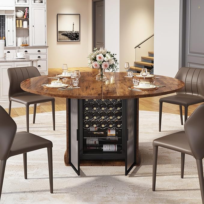 IBF Round Dining Table with Fridge Space, Wood Kitchen Table with Storage Shelf, Rustic Circle Dining Room Tables for 4, Farmhouse Circular Dinner Tables for Home, Rustic Brown, 47 Inch, Only Table