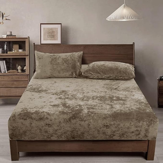 PHF Truly Velvet Fitted Sheet Only Twin Size, Luxury Super Soft Cozy Fuzzy Fleece Bottom Sheet, Deep Pocket Up to 16",Strenghth Elastic Band,Suitable for Fall Winter Spring, No Pillowcases, Khaki
