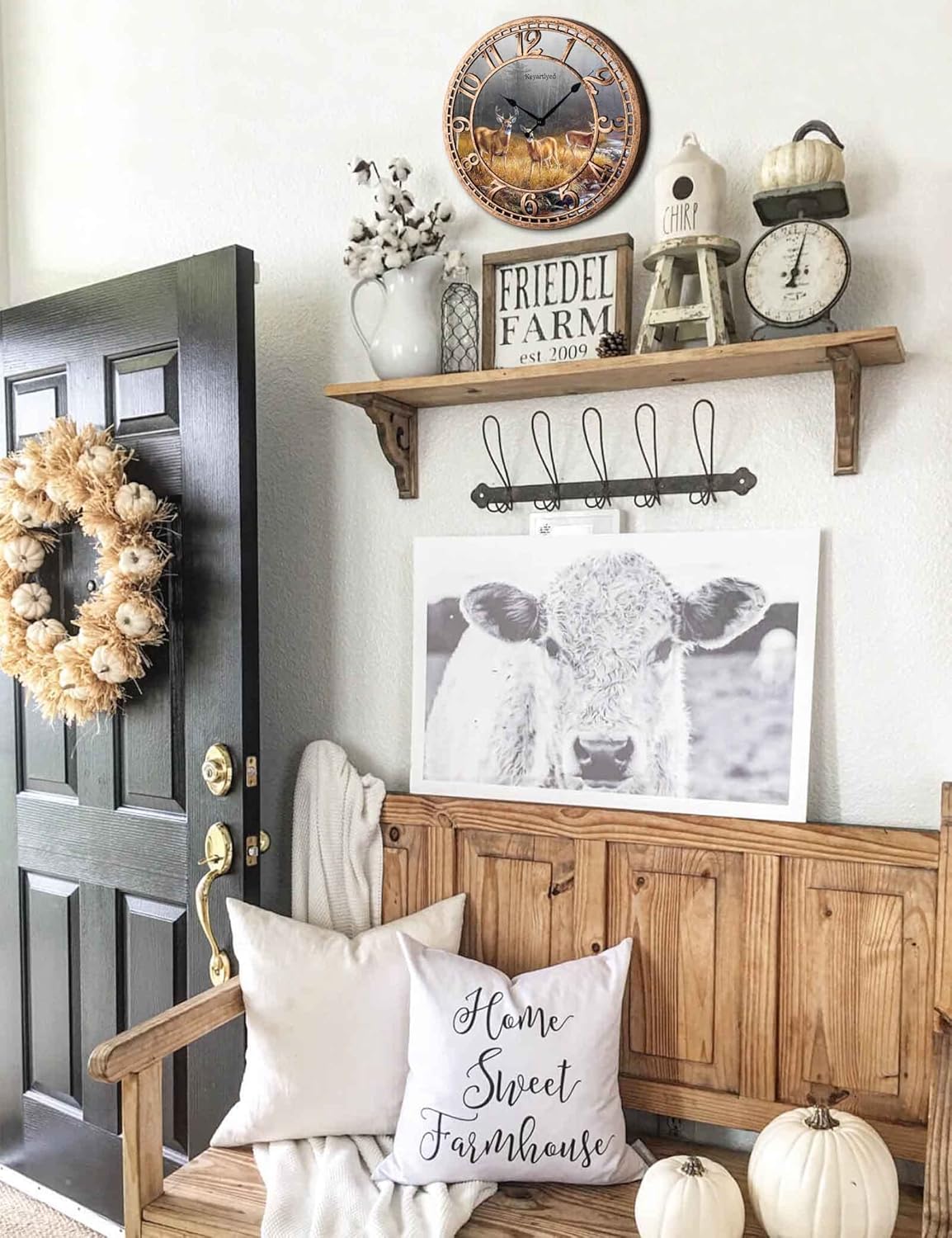 Round Wall Clock Farmhouse Plastic Deer Clock Battery Operated Silent Non-Ticking Rustic Clock 12 Inch for Home Kitchen Living Room Bedroom Office Decor (Antique Copper)