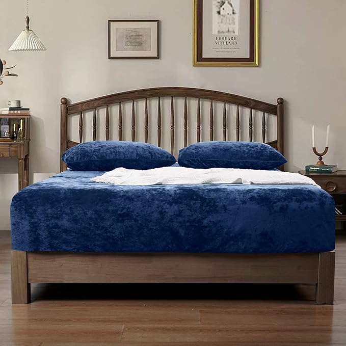 PHF Truly Velvet Fitted Sheet Only Twin Size, Luxury Super Soft Cozy Fuzzy Fleece Bottom Sheet, Deep Pocket Up to 16",Strenghth Elastic Band,Suitable for Fall Winter Spring, No Pillowcases, Navy Blue